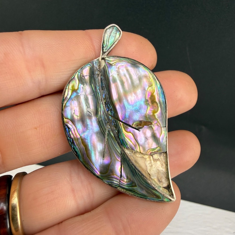 Vintage Taxco Sterling Silver Leaf Brooch Abalone Inlay READ